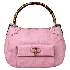 Gucci Pink Pebbled Leather Bamboo Handle Bag Purse Handbag